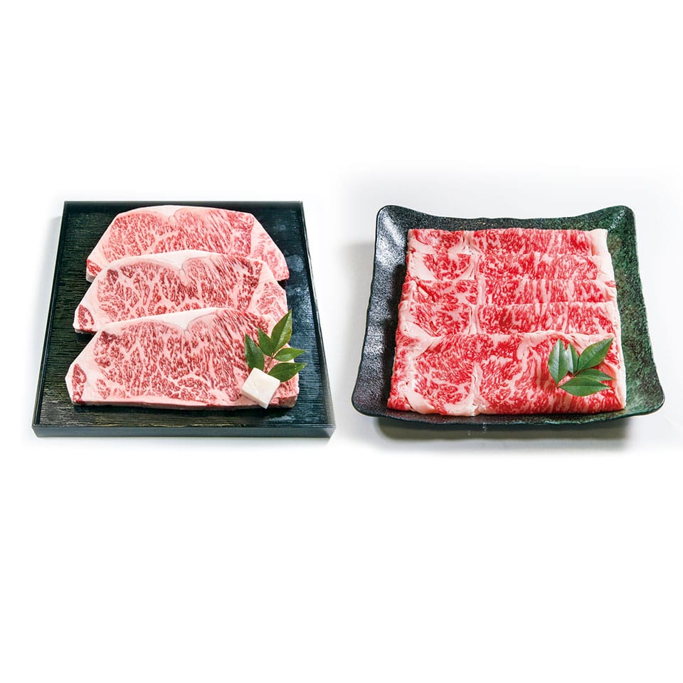 【直送・送料込】「なかやま牧場」 広島県産神石牛ロースセット ロースうす切り360gX2・ロースステーキ3枚/600ｇ（黒毛和種） *