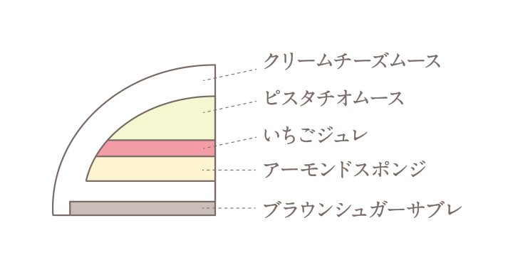 はだかの王様のチーズケーキ（ピスタチオ＆ベリー）断面の説明