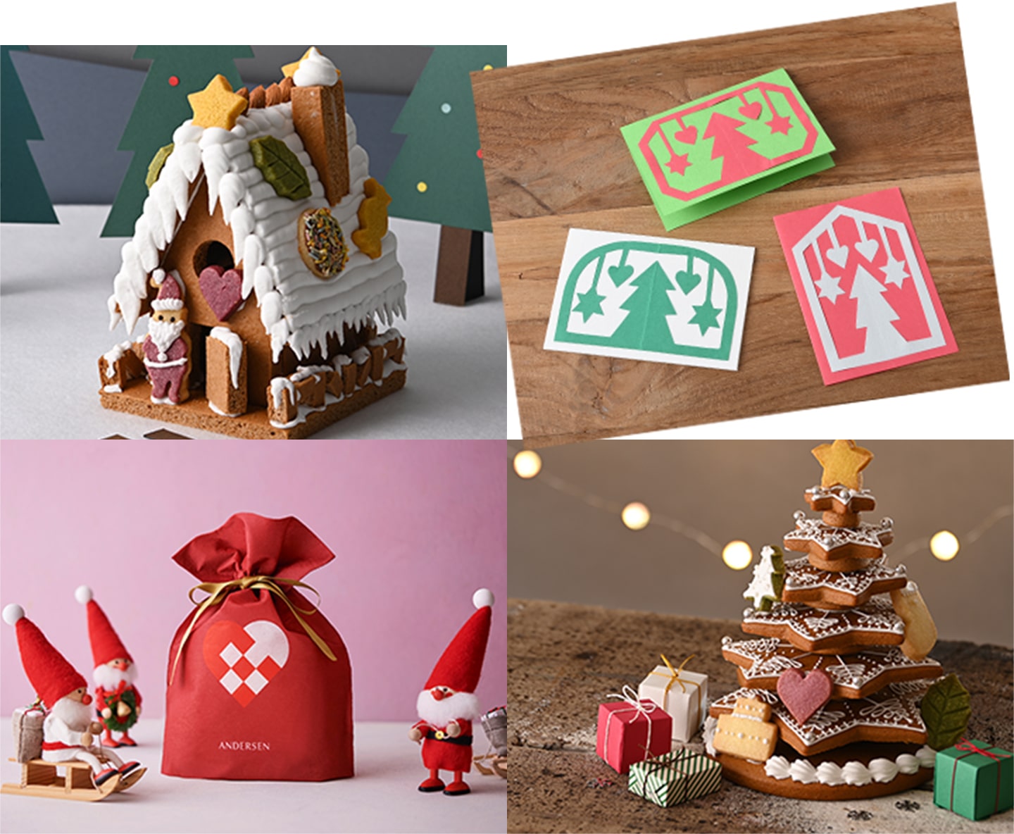 ヘクセンハウス、切り絵のクリスマスカード、ニッセ、クリスマスツリーのイメージ