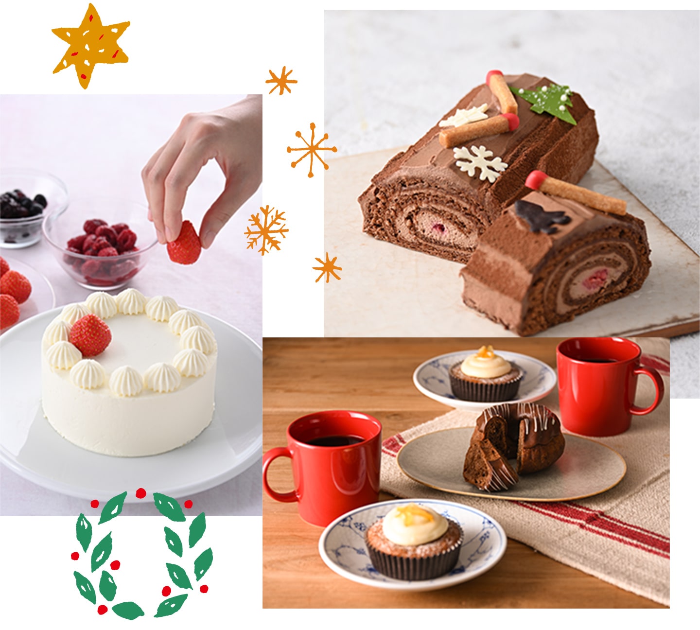 ・デコレーションケーキ、ブッシュドノエル、・クリスマスのティータイムセットのイメージ