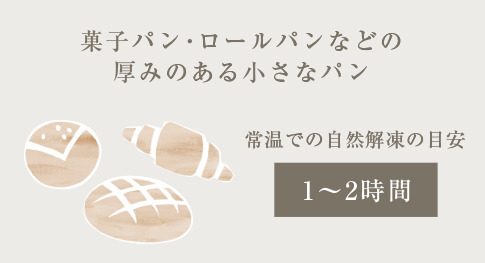 菓子パン・ロールパンなどの厚みのある小さなパン 常温での自然解凍の目安 1～2時間